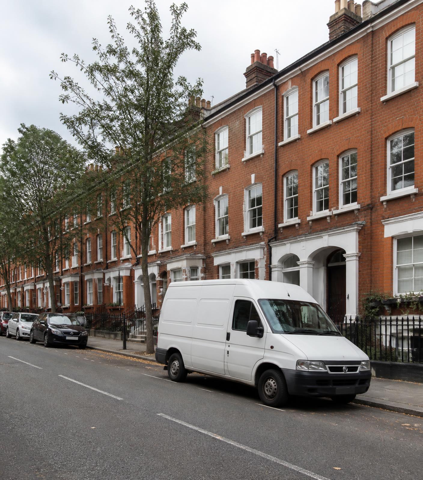 Victorian red-brick terraced houses on a London street with a plain white service van at the kerb